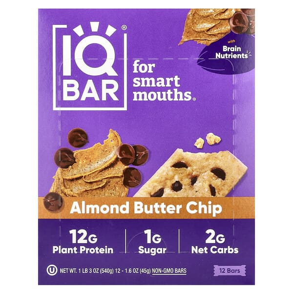 IQBAR Plant Protein Bar, Almond Butter Chip, 12 Bars, 1.6 oz (45 g) Each