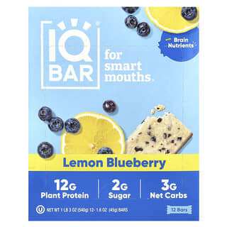 IQBAR, Plant Protein Bar, Lemon Blueberry, 12 Bars, 1.6 oz (45 g) Each