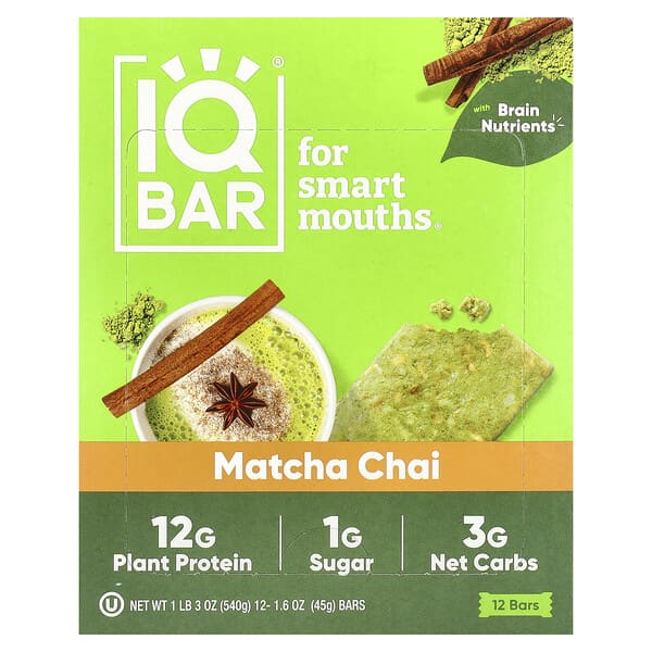 IQBAR Plant Protein Bar, Matcha Chai, 12 Bars, 1.6 oz (45 g) Each