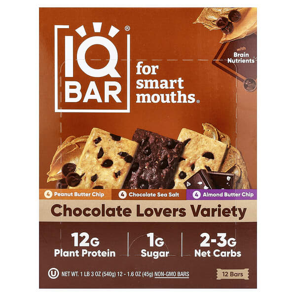 IQBAR Plant Protein Bars, Chocolate Lovers Variety, 12 Bars, 1.6 oz (45 g) Each