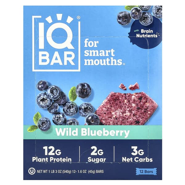 IQBAR Plant Protein Bars, Wild Blueberry, 12 Bars, 1.6 oz (45 g) each