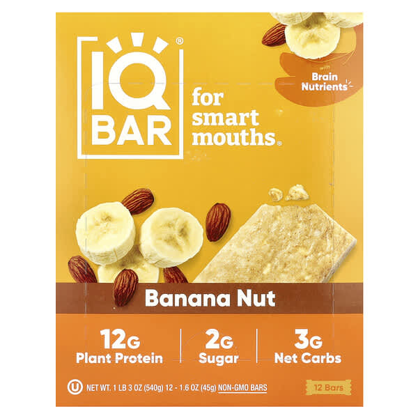 IQBAR Plant Protein Bar, Banana Nut, 12 Bars, 1.6 oz (45 g) Each
