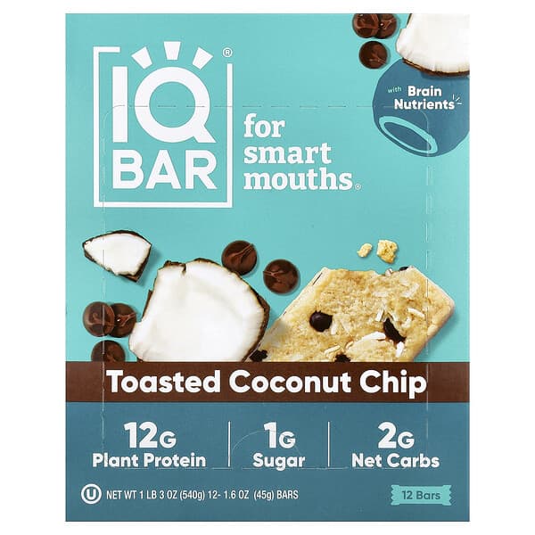 IQBAR Plant Protein Bars, Toasted Coconut Chip, 12 Bars, 1.6 oz (45 g) Each