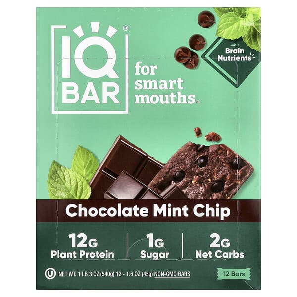 IQBAR Plant Protein Bars, Chocolate Mint Chip, 12 Bars, 1.6 oz (45 g) Each