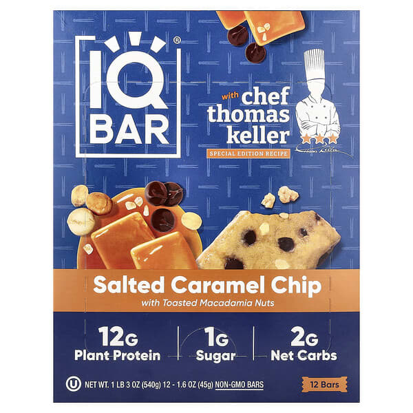 IQBAR, Plant Protein Bar, Salted Caramel Chip With Toasted Macadamia Nuts, 12 Bars, 1.6 oz (45 g) Ea