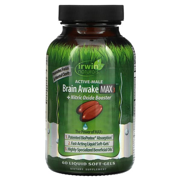Irwin Naturals, Brain Awake Max 3 + Stickoxid-Booster, 60 flüssige Weichkapseln