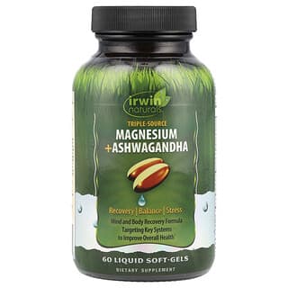 Irwin Naturals, Triple Source Magnesium + Ashwagandha, dreifache Magnesium-Quelle + Ashwagandha, 60 mit Flüssigkeit gefüllte Weichkapseln