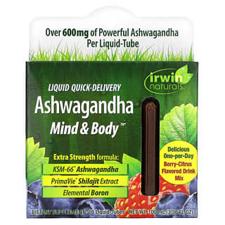 Irwin Naturals, Ashwagandha para el cuerpo y la mente, Bayas y cítricos, 10 tubos para líquidos, 100 ml (3,38 oz. Líq.)