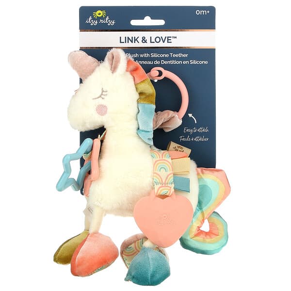 itzy ritzy, Link & Love, Activity Plush with Silicone Teether, 0+ Months, Unicorn, 1 Teether