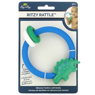 itzy ritzy, Ritzy Rattle, силиконовый прорезыватель с погремушкой, для детей от 3 месяцев, динозавр, 1 прорезыватель для зубов
