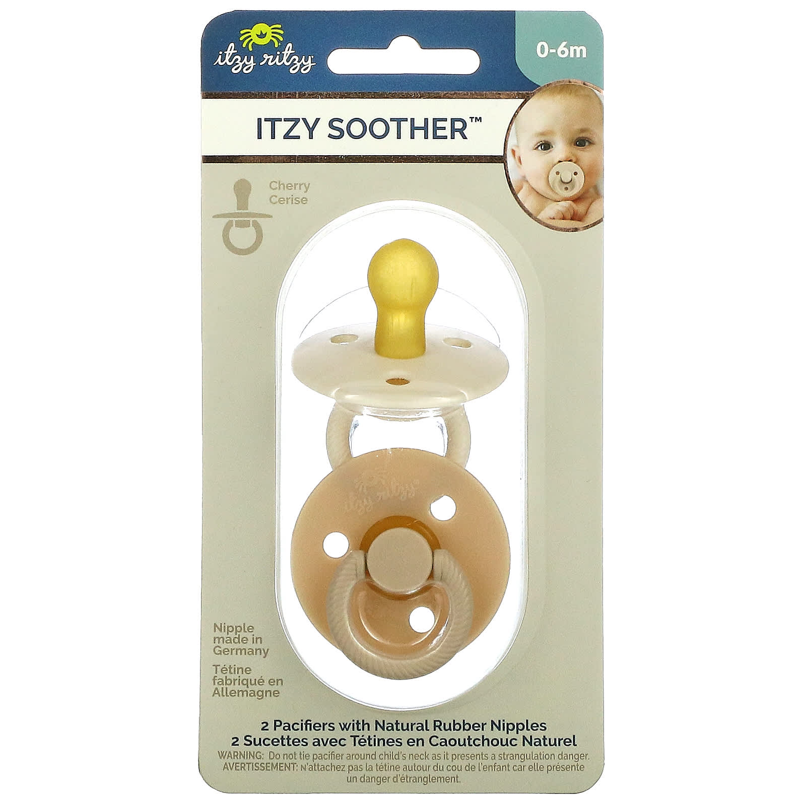 Itzy Ritzy Natural Rubber Pacifiers Set of 2 6 Months Natural Rubber Newborn Pacifiers with Cherry-Shaped Nipple & Large Air Holes for Added Safety; Set of 2 in Blossom & Rosewood Ages 0 