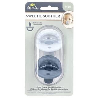 itzy ritzy, Sweetie Soother, пищевые силиконовые пустышки, для детей от 0 до 6 месяцев, косички Sky & Surf, 2 пустышки