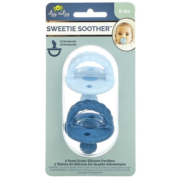 Itzy Ritzy, Sweetie Soother（スウィーティースーザー）、食品グレードのシリコン製おしゃぶり、生後0～6か月、スカイ＆サーフブレイズ、2個