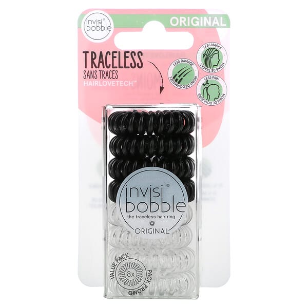 Invisibobble, Original, Traceless Hair Ring, Crystal Clear/True Black, 8 Pack