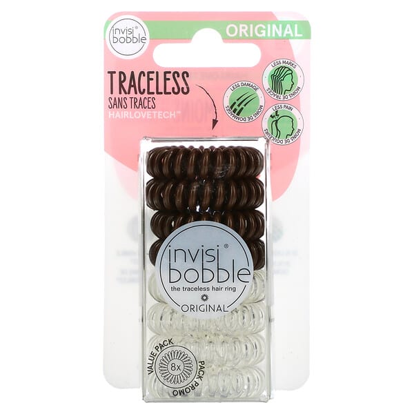 Invisibobble, Original, Traceless Hair Ring, Crystal Clear/ Pretzel Brown, 8 Pack