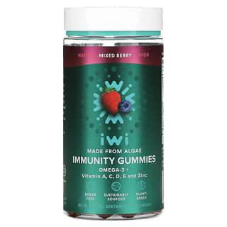 iWi, Gommes immunitaires, Oméga-3 + vitamines A,C,D,E et zinc, Mélange de fruits des bois, 90 gommes