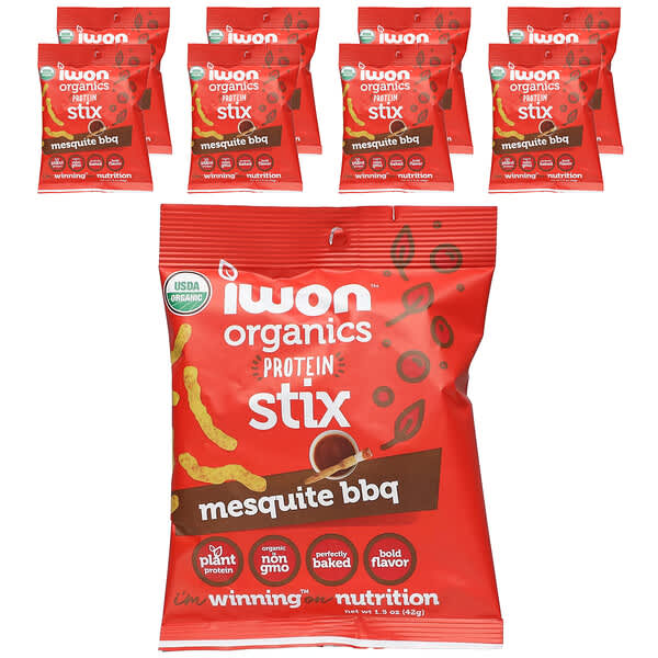 IWON Organics, 有機蛋白質 Stix，牧豆樹燒烤醬味，8 袋，每袋 1.5 盎司（42 克）