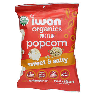 IWON Organics, Popcorn protéiné biologique, Sucré et salé, 8 sachets, 28 g chacun