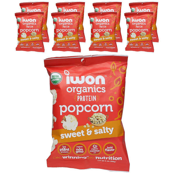 IWON Organics, Organic Protein Popcorn, Sweet &amp; Salty, 8 Bags, 1 oz (28 g) Each