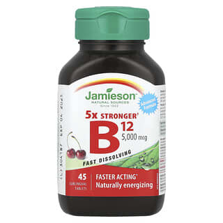 Jamieson Vitamins, 5X Stronger Vitamin B12, натуральная вишня, 5000 мкг, 45 сублингвальных таблеток