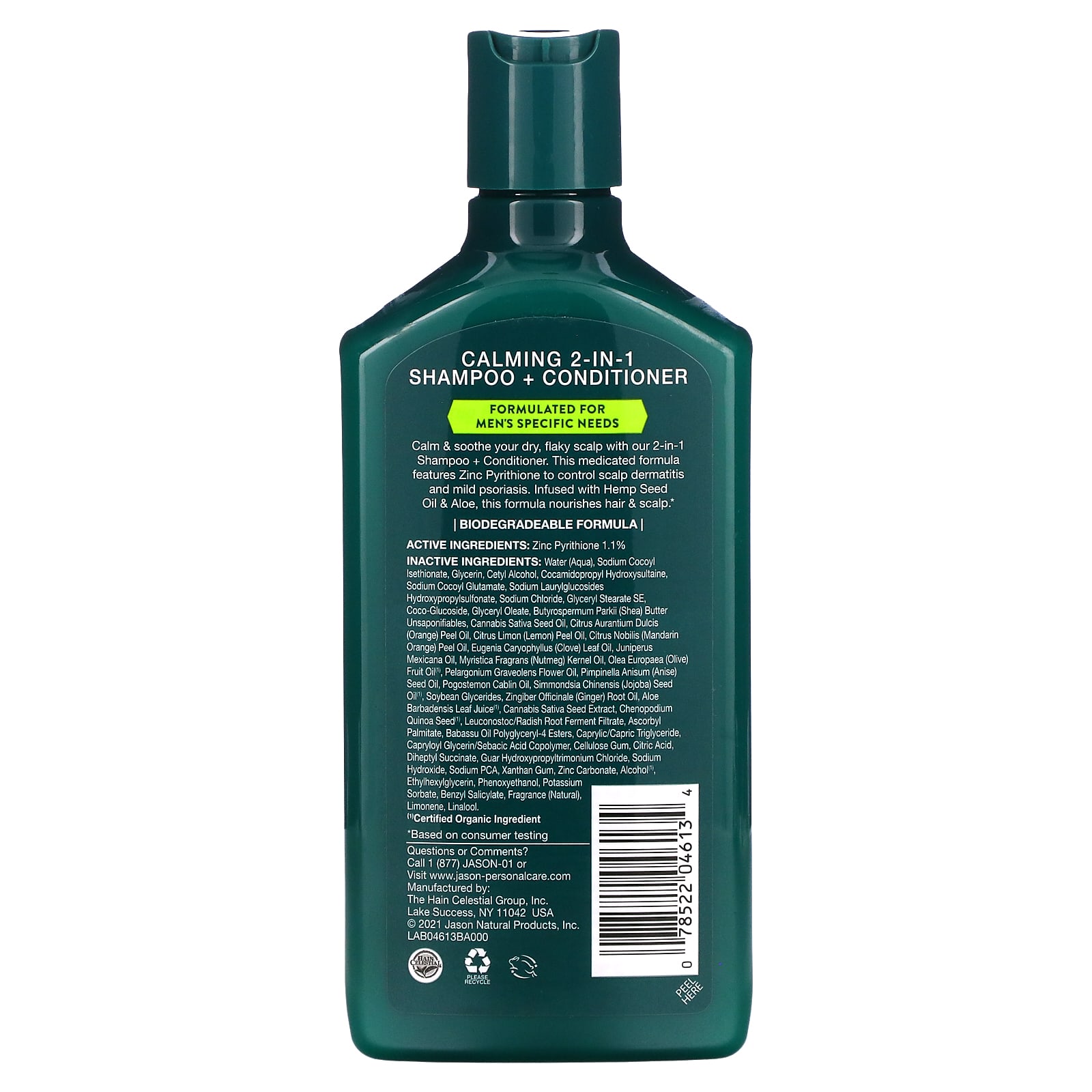 Jason Natural, Men's, 2In1 Shampoo + Conditioner, For Dandruff Relief, Hemp Seed Oil + Aloe