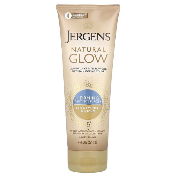 Jergens, Natural Glow, 퍼밍 데일리 모이스처라이저, 썬리스 태너, 중간톤~어두운톤, 221ml(7.5fl oz)