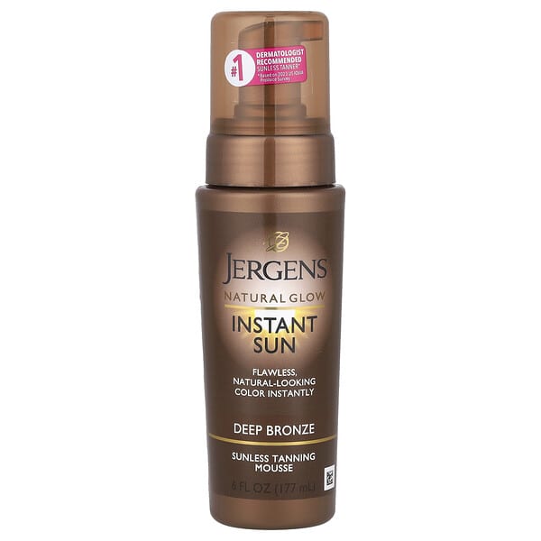 Jergens, 내추럴 글로우, 인스턴트 선, 선리스 태닝 무스, 딥 브론즈, 6fl oz(177ml)