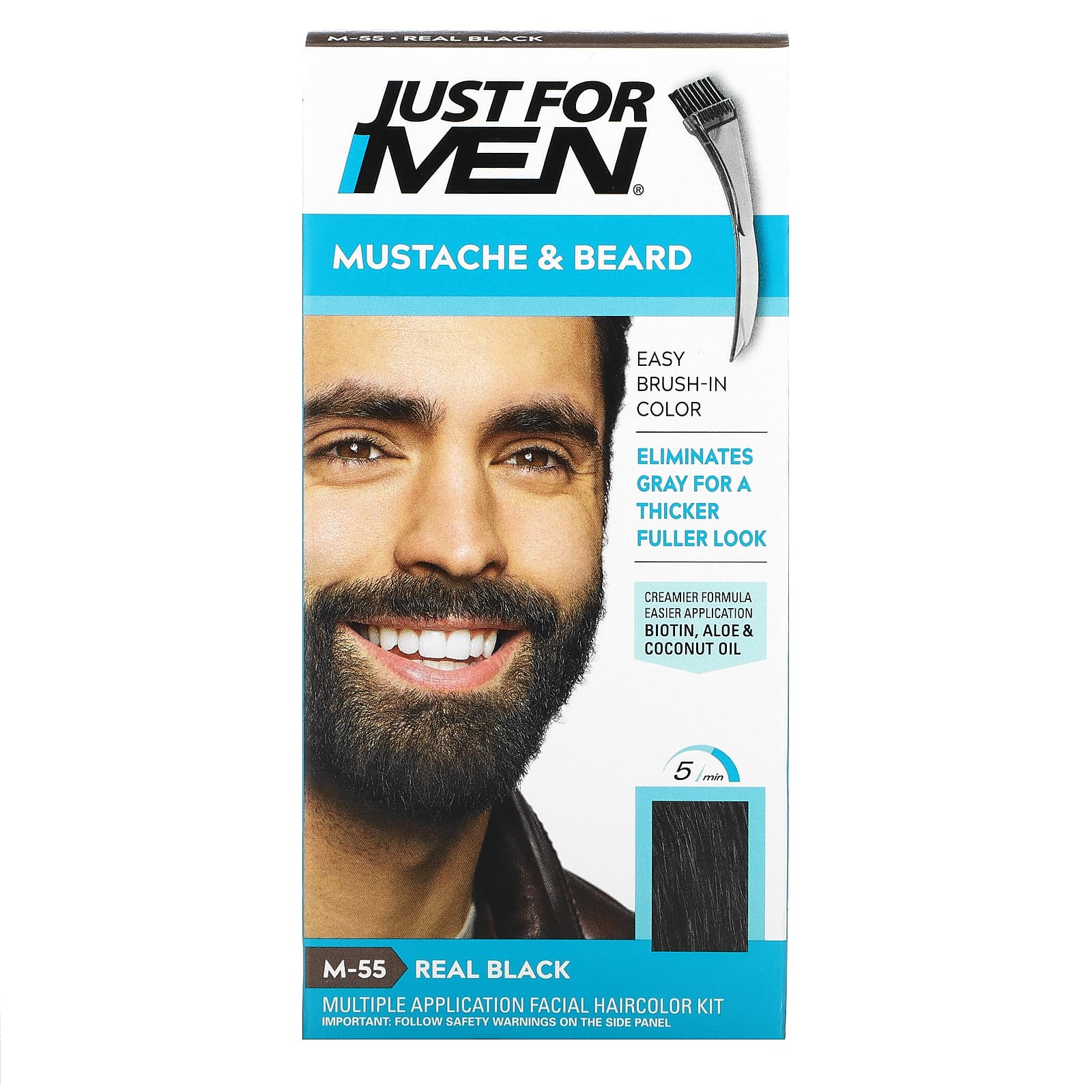 Just for Men, Mustache & Beard, Brush-In Color Gel, Real Black M-55, 2 x   oz (14 g)