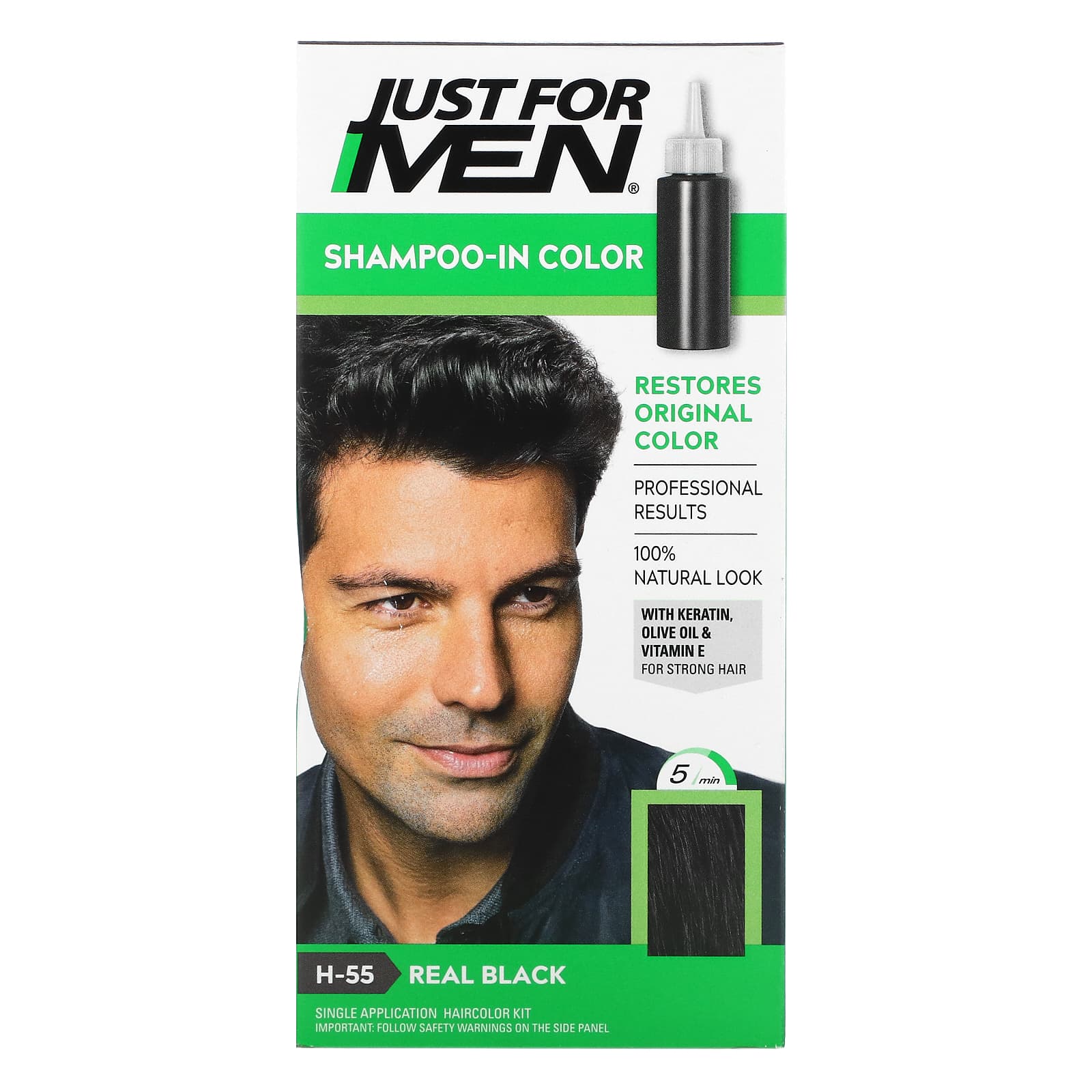 Just for Men, Shampoo-In-Color, Men's Hair Color, Real Black H-55, Single  Application Haircolor Kit