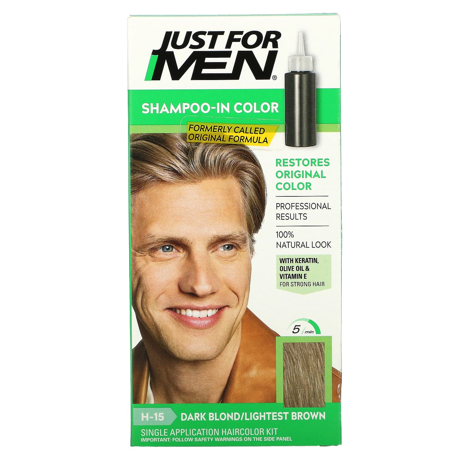 Just for Men, Shampoo-In Color, Men's Hair Color, Dark Blond/Lightest Brown  H-15, Single Application Haircolor Kit