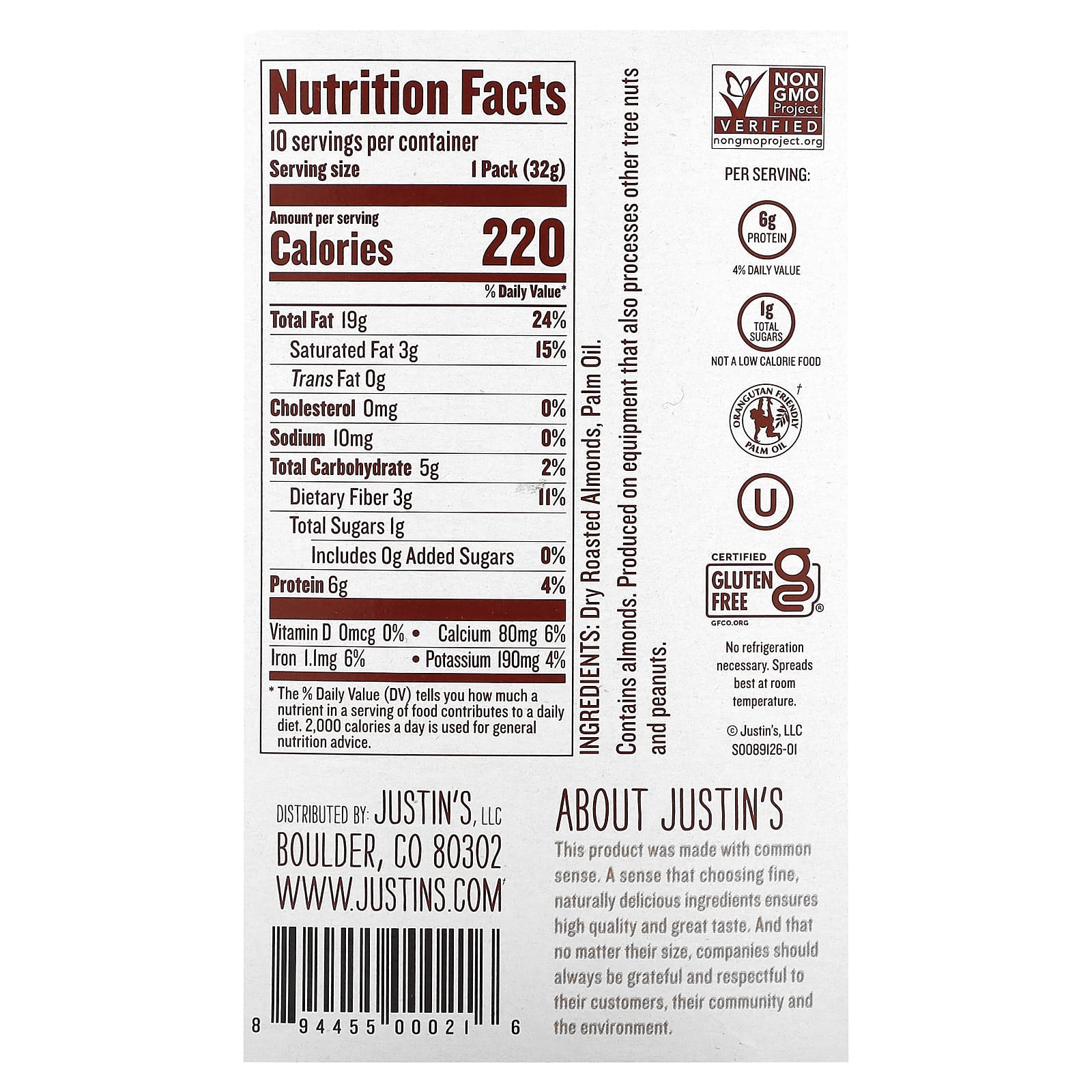 Justin's Nut Butter, Classic Almond Butter, 10 Squeeze Packs, 1.15 oz