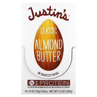 Justin's Nut Butter, Manteca de almendra clásica, completamente natural, 10 packs apretables, 1,15 oz (32 g) por pack