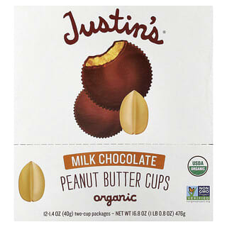 Justin's Nut Butter, Organic Peanut Butter Cups, Milk Chocolate, 12 Two-Cup Packages, 1.4 oz (40 g) Each