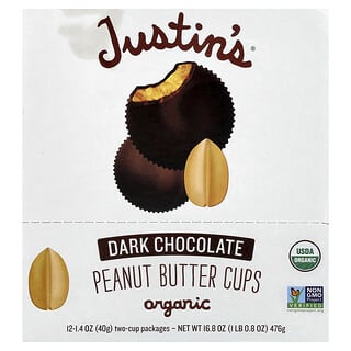 جاستنز نات باتر‏, Organic Peanut Butter Cups, Dark Chocolate, 12 Two-Cup Packages, 16.8 oz (476 g)