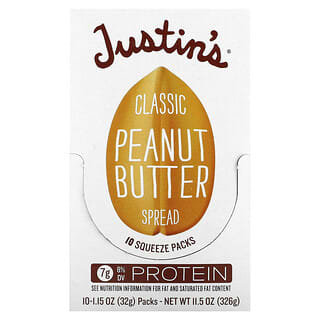 Justin's Nut Butter‏, ממרח חמאת בוטנים קלאסי, 10 אריזות לחיץ, 32 גרם (1.15 אונקיות) כל אחת