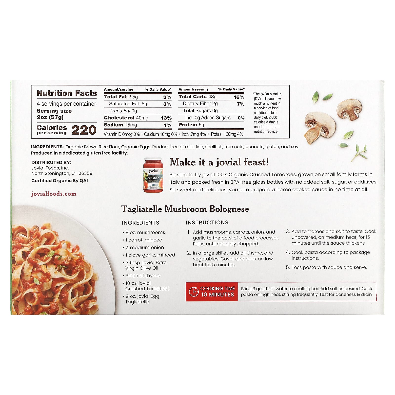 Jovial, Organic Brown Rice Pasta, Egg Tagliatelle, 9 oz (255 g)