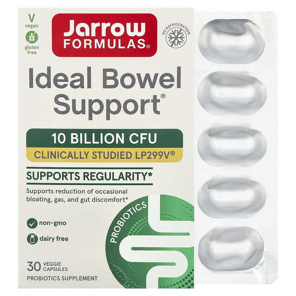Jarrow Formulas, Vegan Ideal Bowel Support, веганская добавка для поддержки здоровья кишечника, 10 млрд КОЕ, 30 растительных капсул