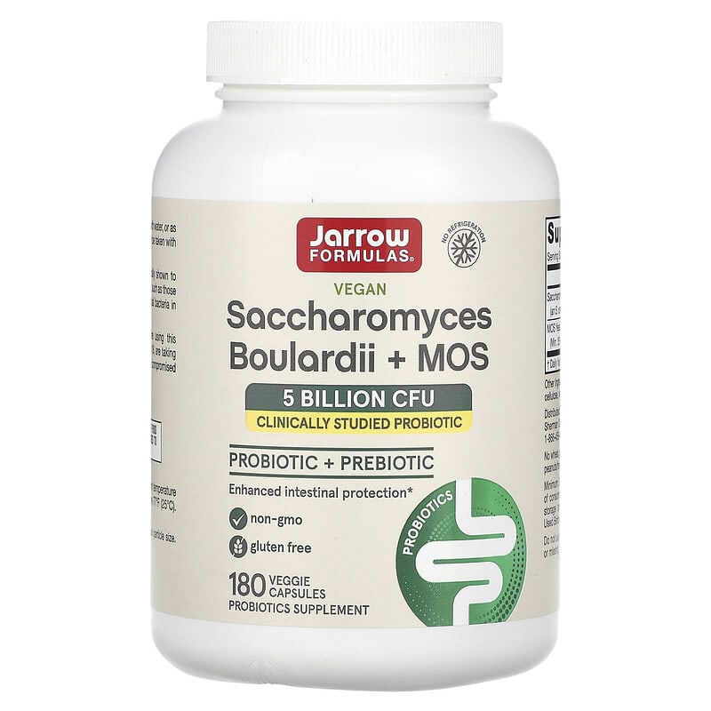 Jarrow Formulas Saccharomyces Boulardii + MOS - 5 Billion Viable Organisms  Per Serving - 180 Delayed Release Veggie Caps, 2 Pack - Probiotic +