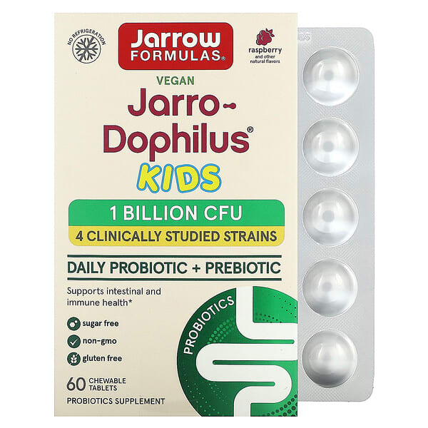 Jarrow Formulas, Jarro-Dophilus Kids，日常益生菌 + 益生元，樹莓味，10 億 CFU，60 片咀嚼片
