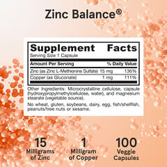 Jarrow Formulas, Zinc Balance, Suplemento alimentario, 100 cápsulas vegetales
