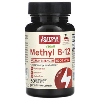 Jarrow Formulas, Metil B12 vegano, Máxima concentración, Cereza, 5000 mcg, 60 comprimidos masticables