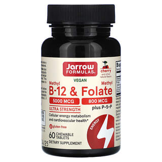 Jarrow Formulas, веганский метил B12 и метилфолат, максимальная сила действия, со вкусом вишни, 60 жевательных таблеток