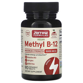 Jarrow Formulas, Metil B12 vegano, Máxima concentración, Cereza, 5000 mcg, 90 comprimidos masticables