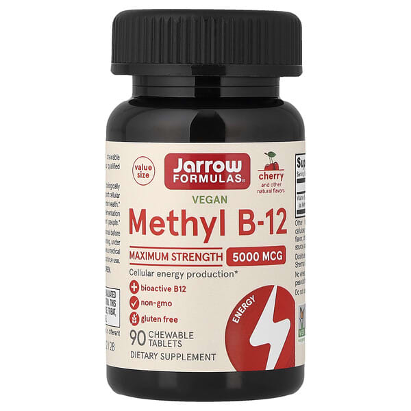 Jarrow Formulas, 비건 메틸 B-12, 최대 강도, 체리, 5,000mcg, 츄어블 90정