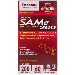 Jarrow Formulas, SAMe (S-adenosil-L-metionina) natural 200, 200 mg, 60 comprimidos con recubrimiento entérico