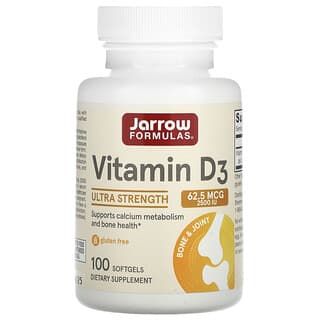 Jarrow Formulas, Vitamin D3, Kolekalsiferol, 62,5 mcg (2.500 IU), 100 Kapsul Gel Lunak