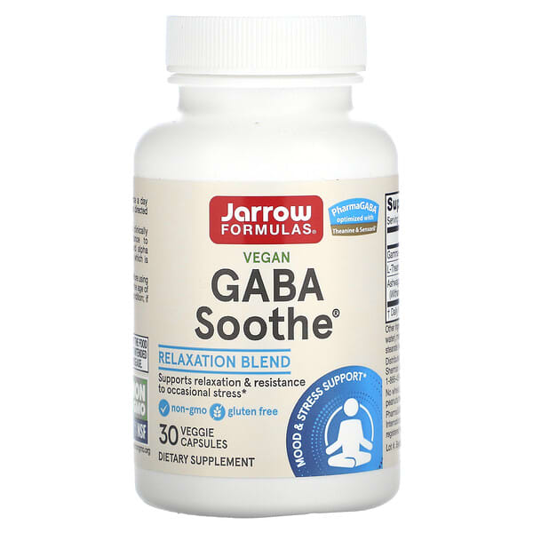 Jarrow Formulas, GABA Soothe, ГАМК для підтримки концентрації та розслаблення, 30 рослинних капсул