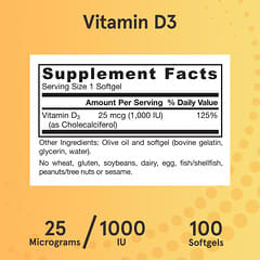 Jarrow Formulas, Vitamine D3, Extrapuissante, 25 µg (1000 UI), 100 capsules à enveloppe molle