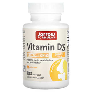 Jarrow Formulas, Витамин D3, повышенная сила действия, 25 мкг (1000 МЕ), 100 мягких таблеток