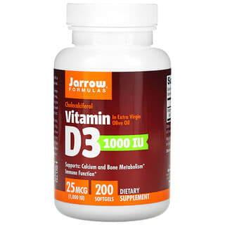 Jarrow Formulas, витамин D3, холекальциферол, 25 мкг (1000 МЕ), 200 мягких таблеток